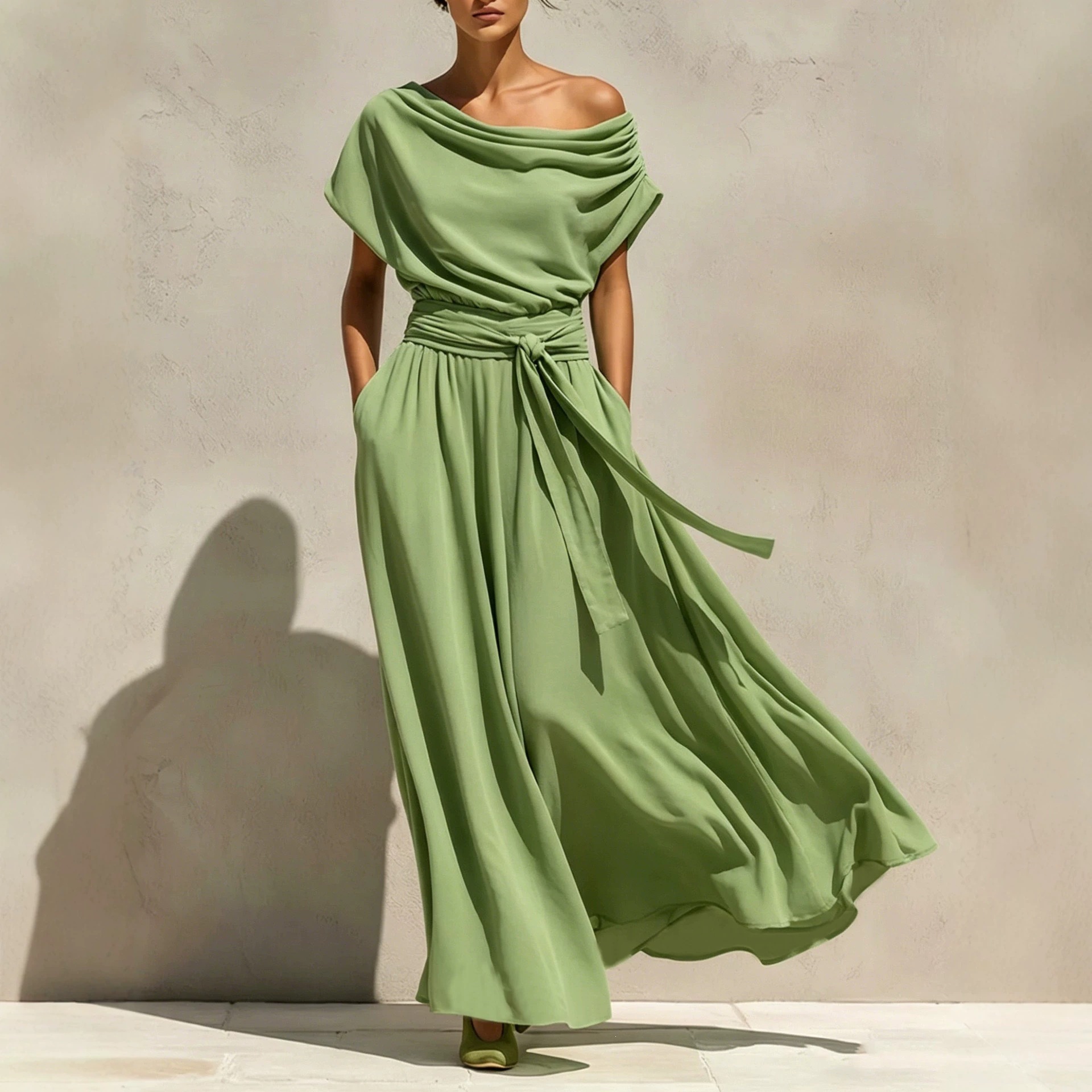 Boat Neck Short Sleeve Bohemian Chiffon Waist-Cinching Slimming Dress