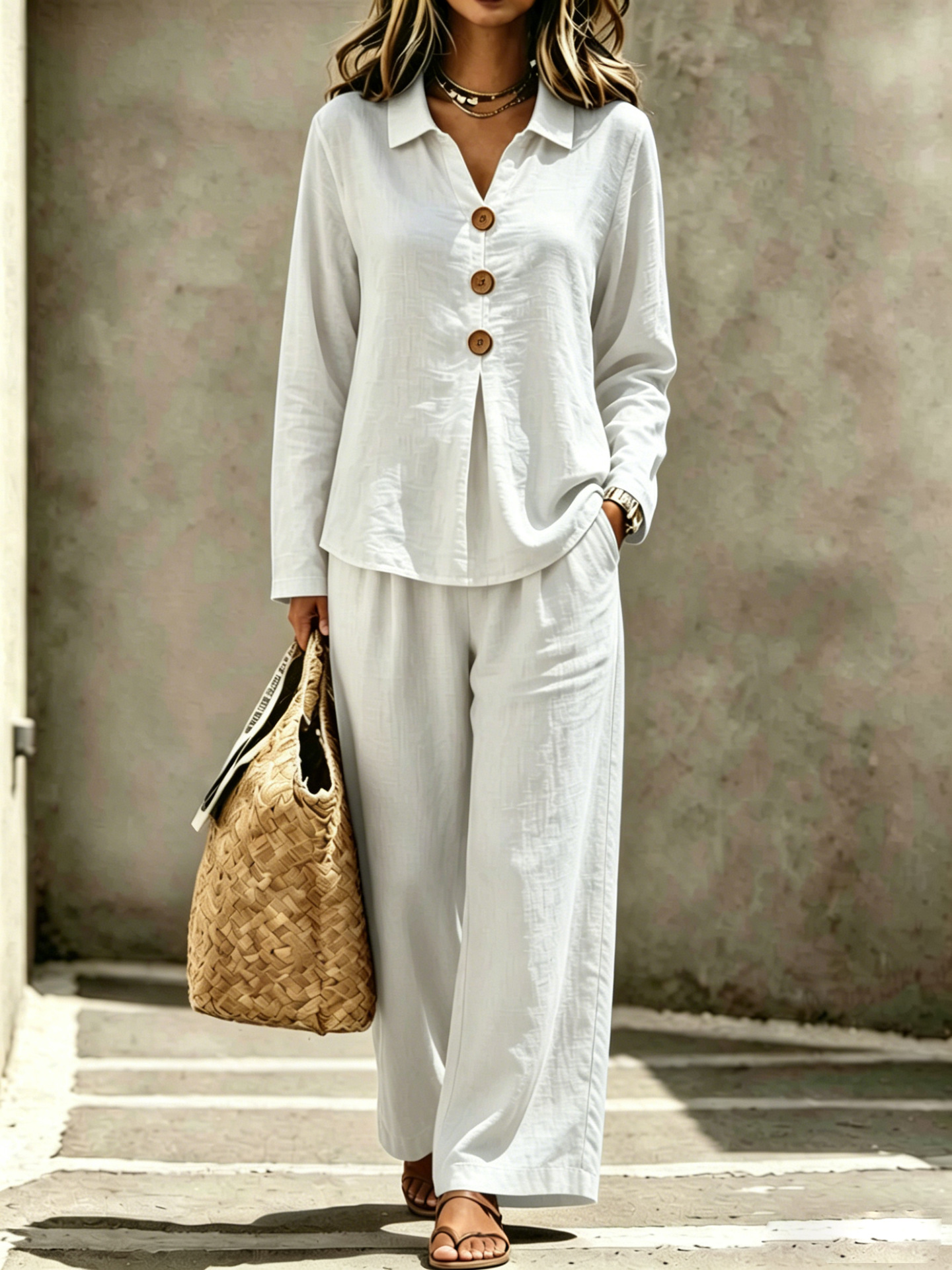 Women's Casual Button Polo Neck Long Sleeve Two-Piece Pants Set