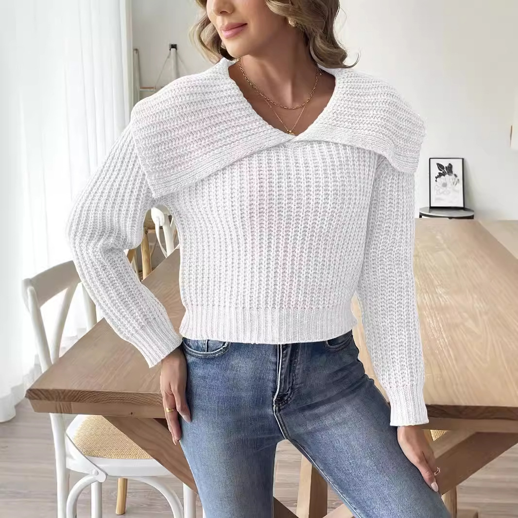 Women's Cropped Woven Sweater with Large Lapel Collar