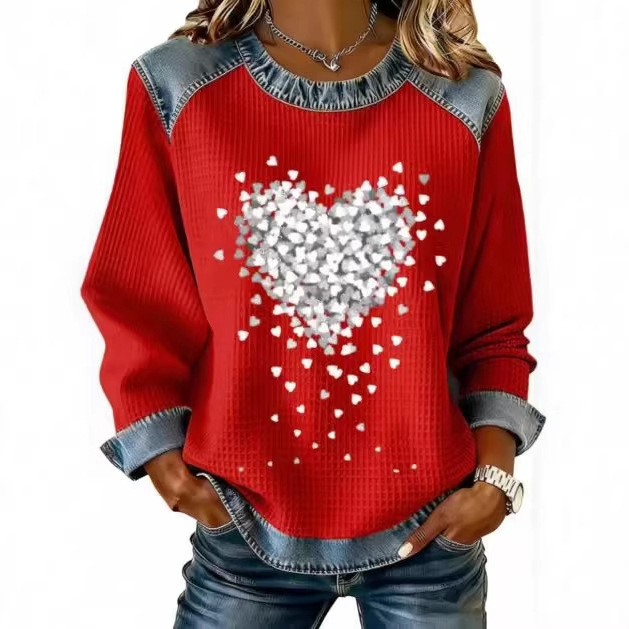 Women's Heart Print Crewneck Sweatshirt Casual Pullover