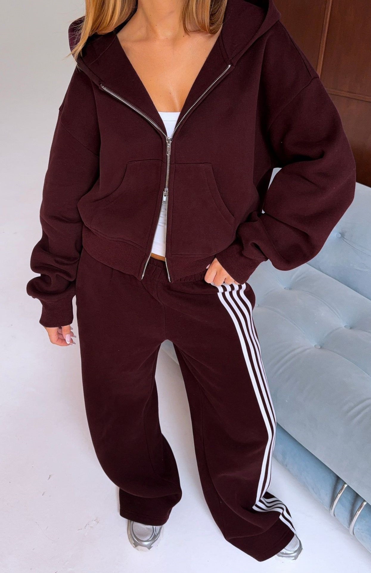 Women's Cropped Zip-Up Hoodie and Jogger Set with Side Stripe Pants