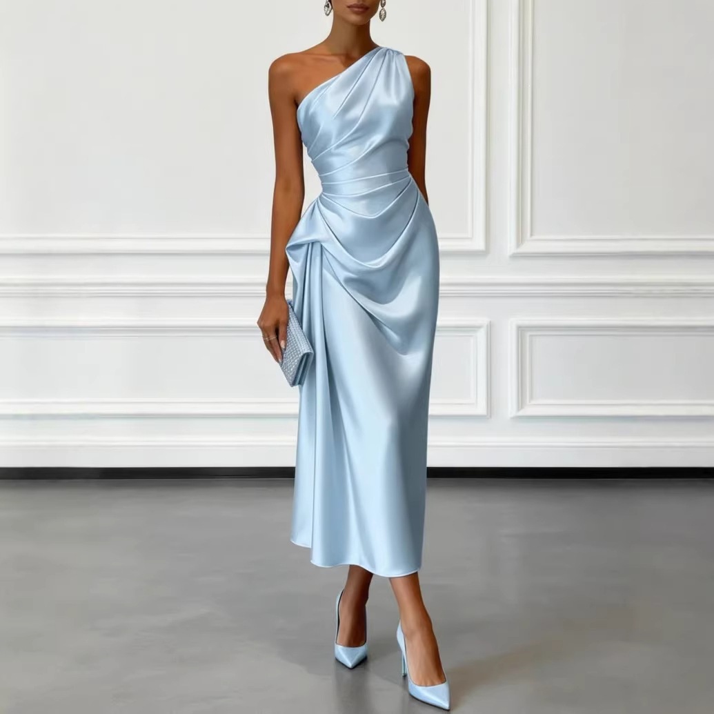 Satin Ruched Waist Sleeveless Evening Dress