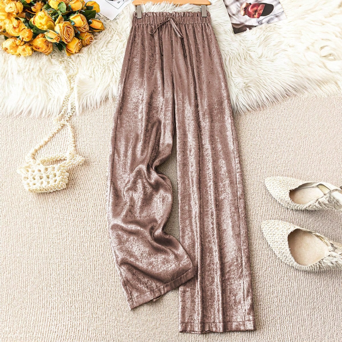 Gold Pleated Wide-Leg Pants with Elastic Waist