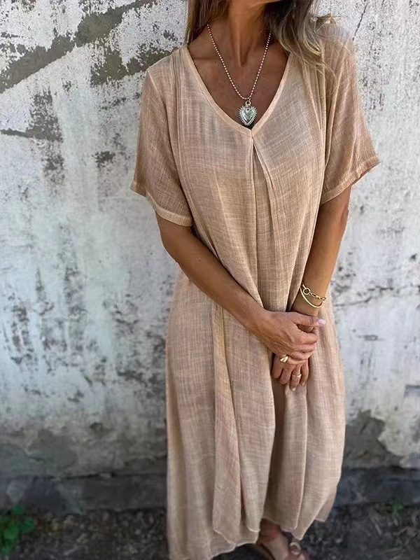 Cotton-Linen V-Neck Semi-Formal Dress