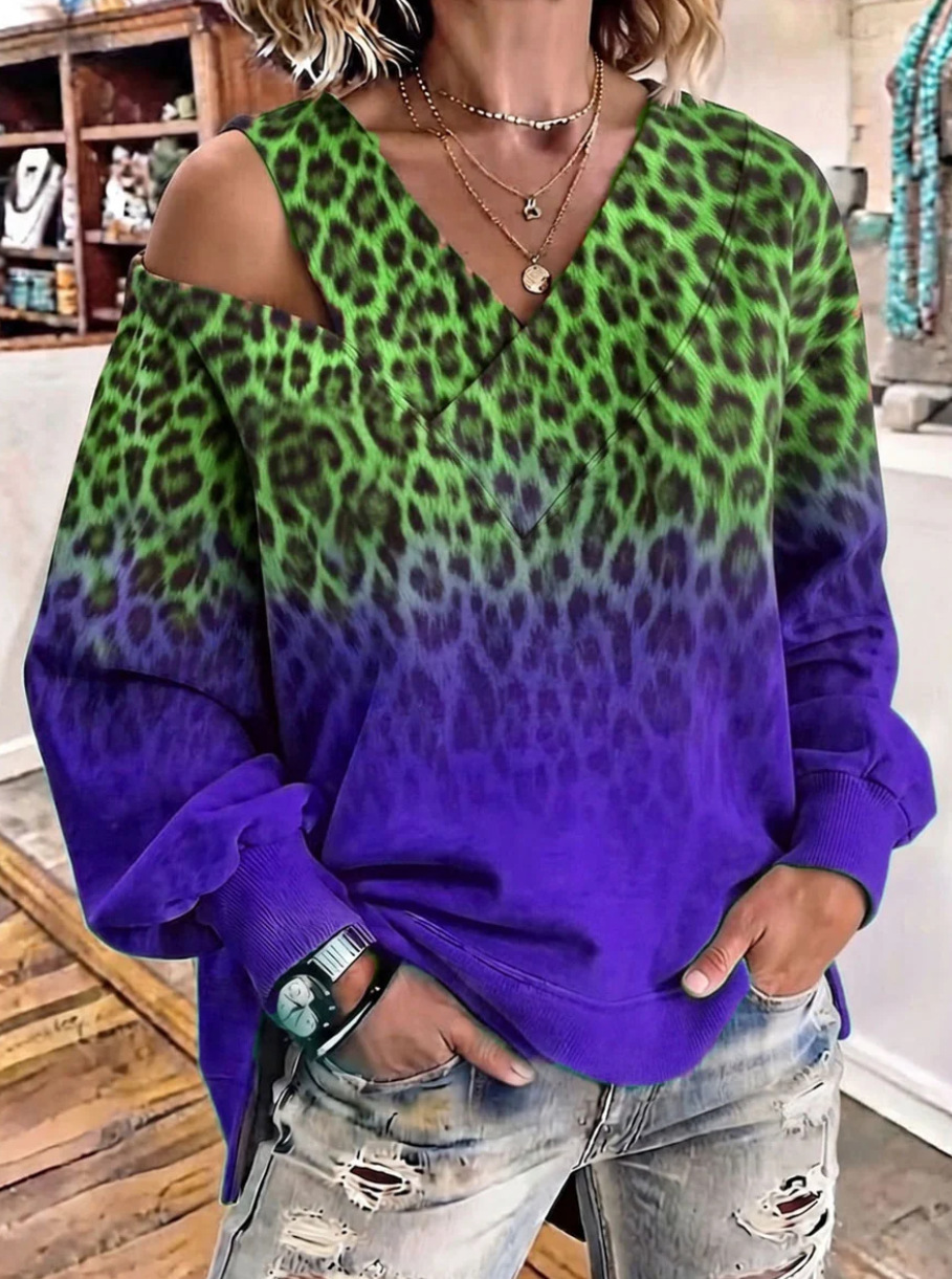 Leopard Print Off-Shoulder V-Neck Long-Sleeve Loose Top