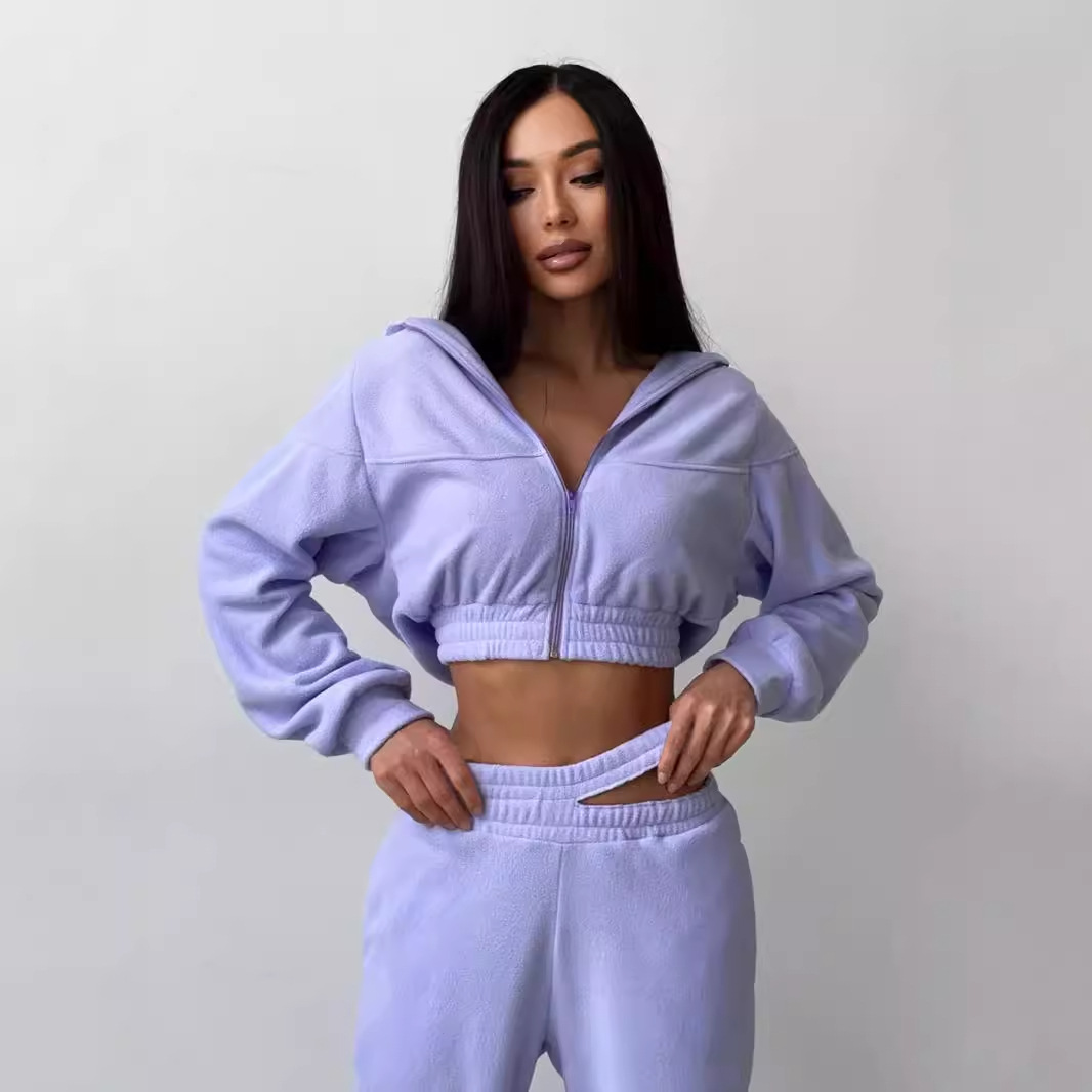 Women's Casual Two-Piece Set Solid Color Long Sleeve Zip Fleece Hoodie & Double-Waist Pants