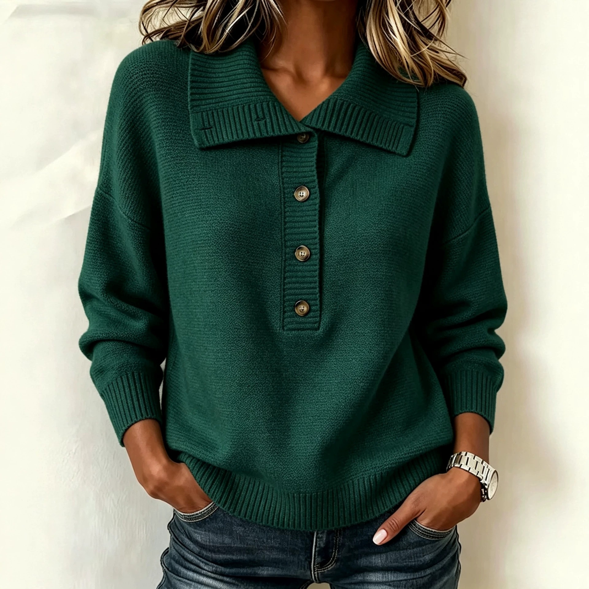 Retro Button Knit Sweater Solid Color Loose Casual Women's Top