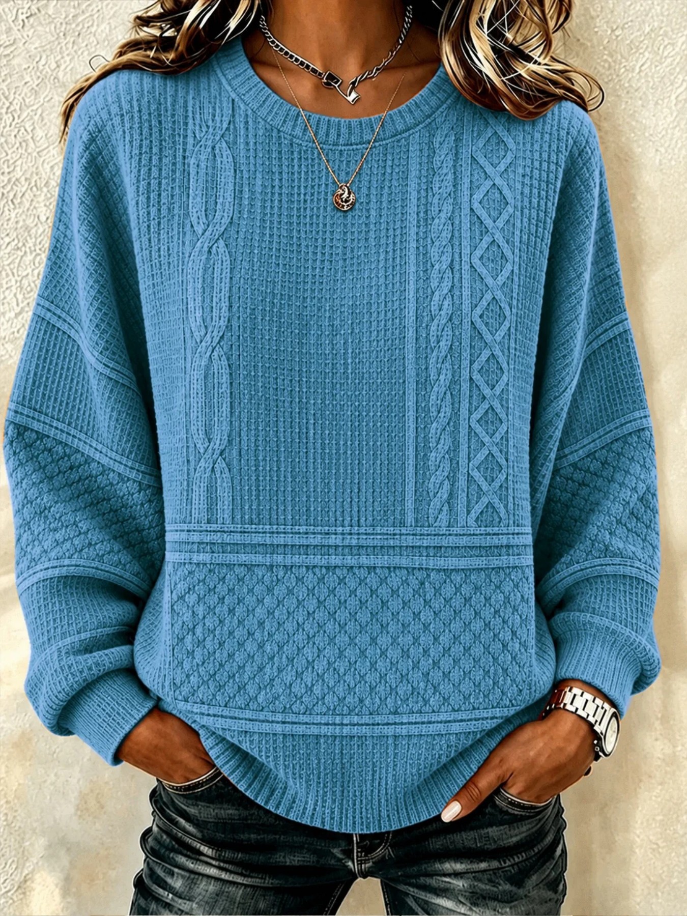 Women's Casual Solid Striped Print Crewneck Long-Sleeve Sweatshirt