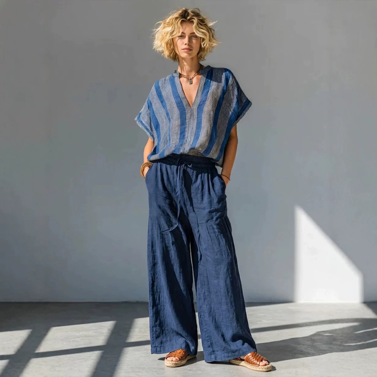 Blue-Gray Striped V-Neck Loose Top & Cotton-Linen Wide-Leg Pants Set