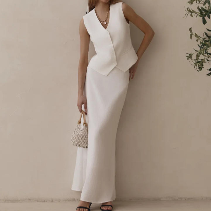 Women's Sleeveless Vest and Long Pants Two-Piece Set Solid Color Commuter Outfit