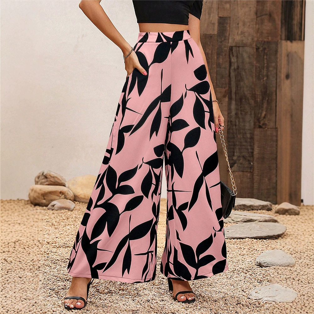Women's Chiffon Leaf Print High-Waist Wide-Leg Pants