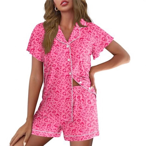 Women's Cuban Collar Polka Dot Leopard Print Short Sleeve Loungewear Set