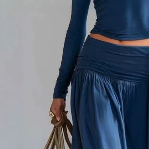 Elegant Deep Blue Zip-Front Top and Low-Waist Skirt Set