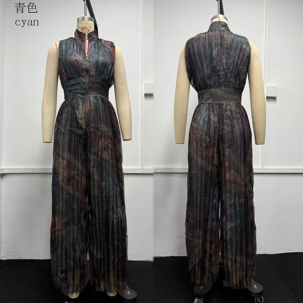 Women's Pleated Halter Wide-Leg Jumpsuit Sleeveless Deep V-Neck