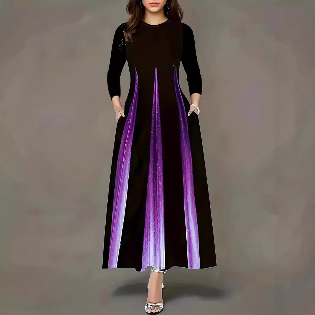 A-Line Long Sleeve Round Neck Gradient Print Midi Dress
