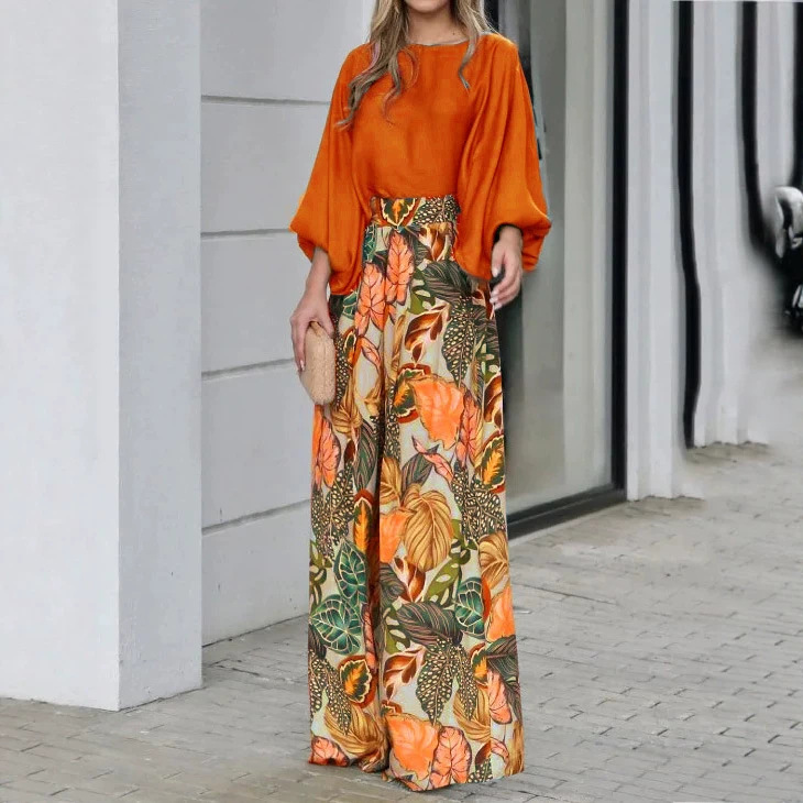 Women's Summer Two-Piece Set with Lantern Sleeve Top and Printed Wide-Leg Pants