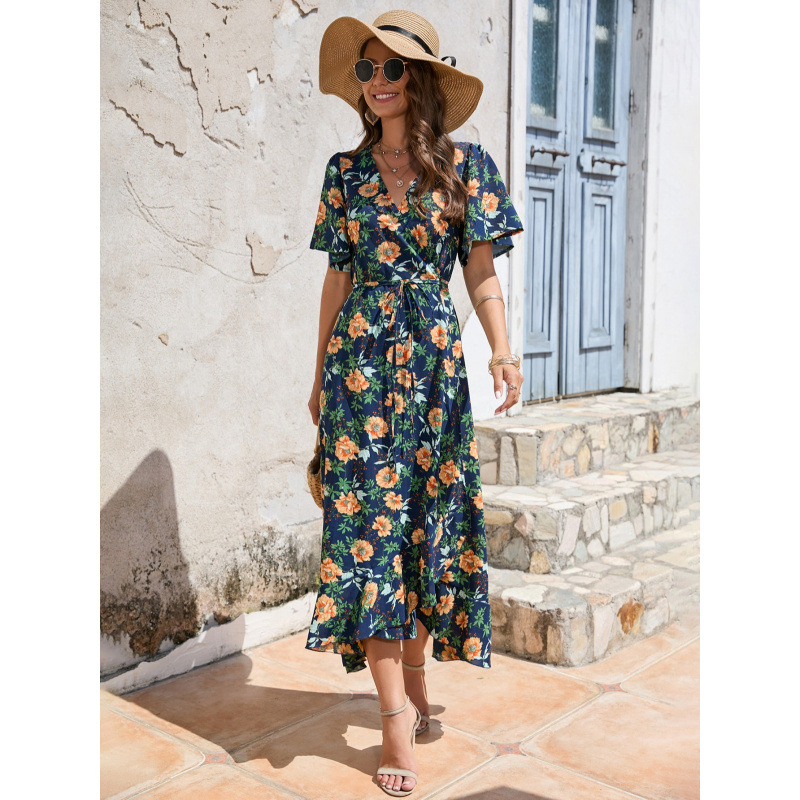 New One-Shoulder Chiffon Maxi Dress with Ruffled Sleeves