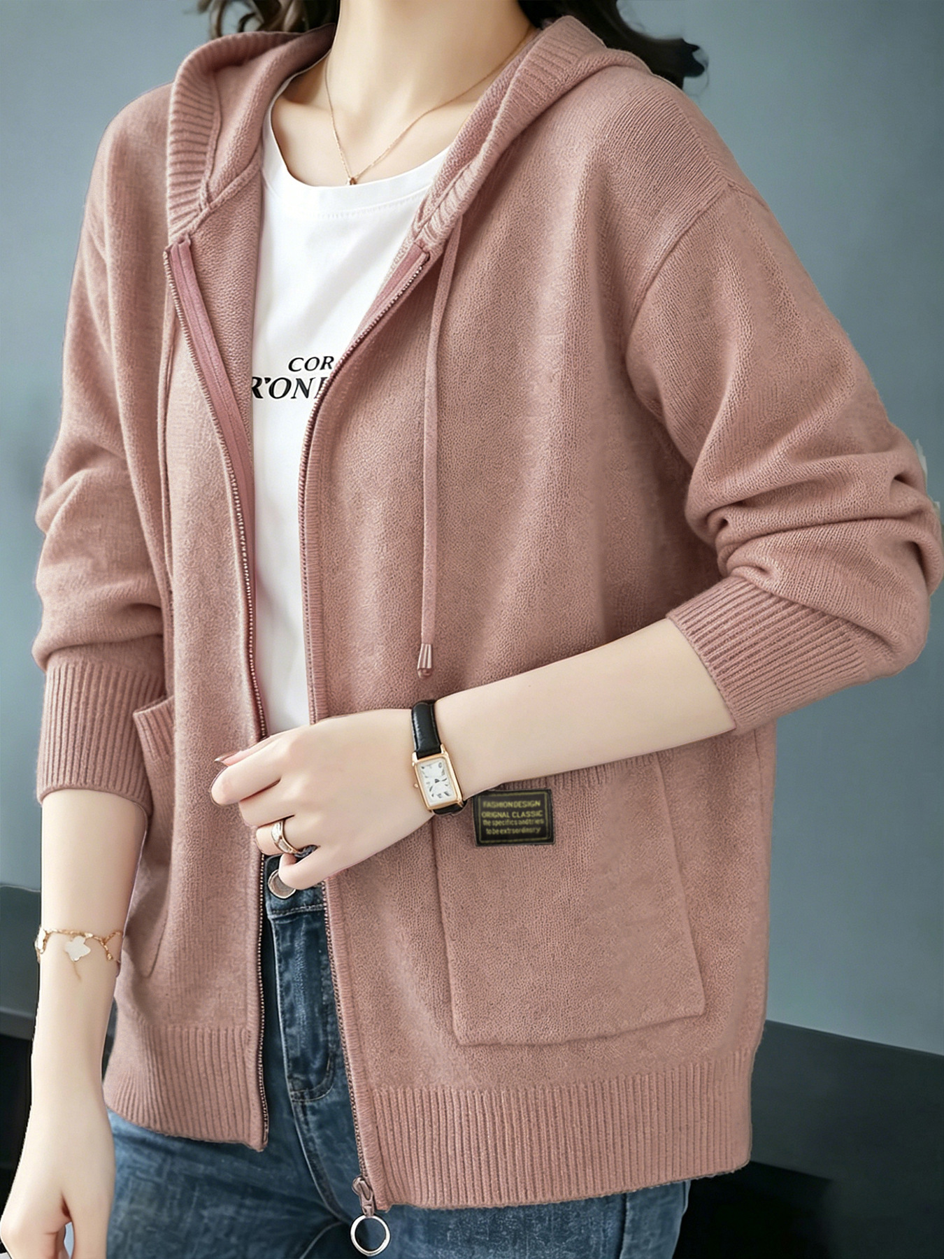 Women's Ribbed Knit Zip-Up Hooded Cardigan with Pockets