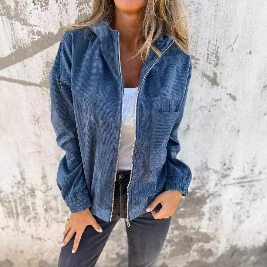 Women's Solid Corduroy Hooded Jacket Casual Loose Fit