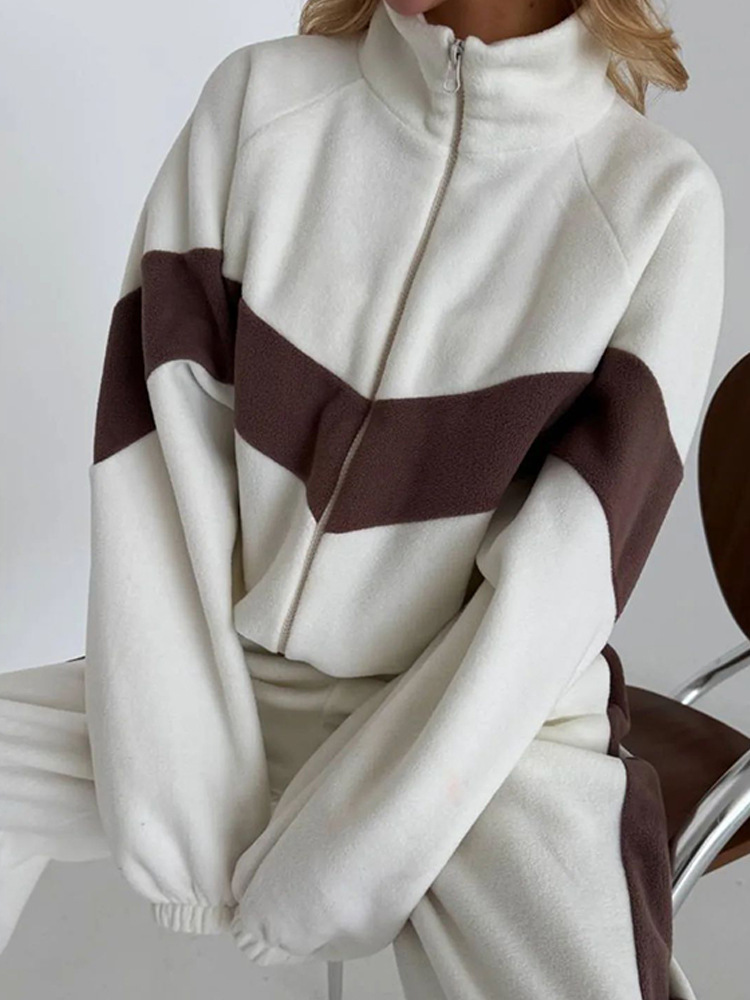 Women's Casual Colorblock Zip Cardigan and Pants Two-Piece Set