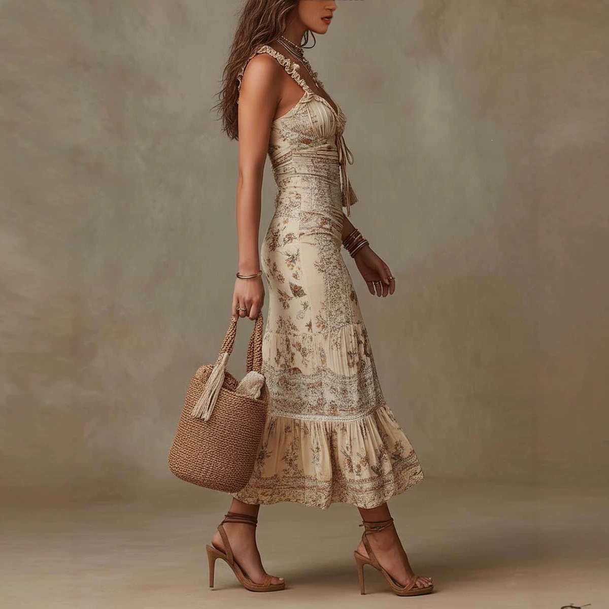 Retro Apricot Floral Ruffle Strap Midi Dress with Cinched Waist, Ruched Slit and Mermaid Hem