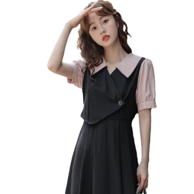 French Vintage Faux Two-Piece Green Midi Dress with Polo Collar and Puff Sleeves