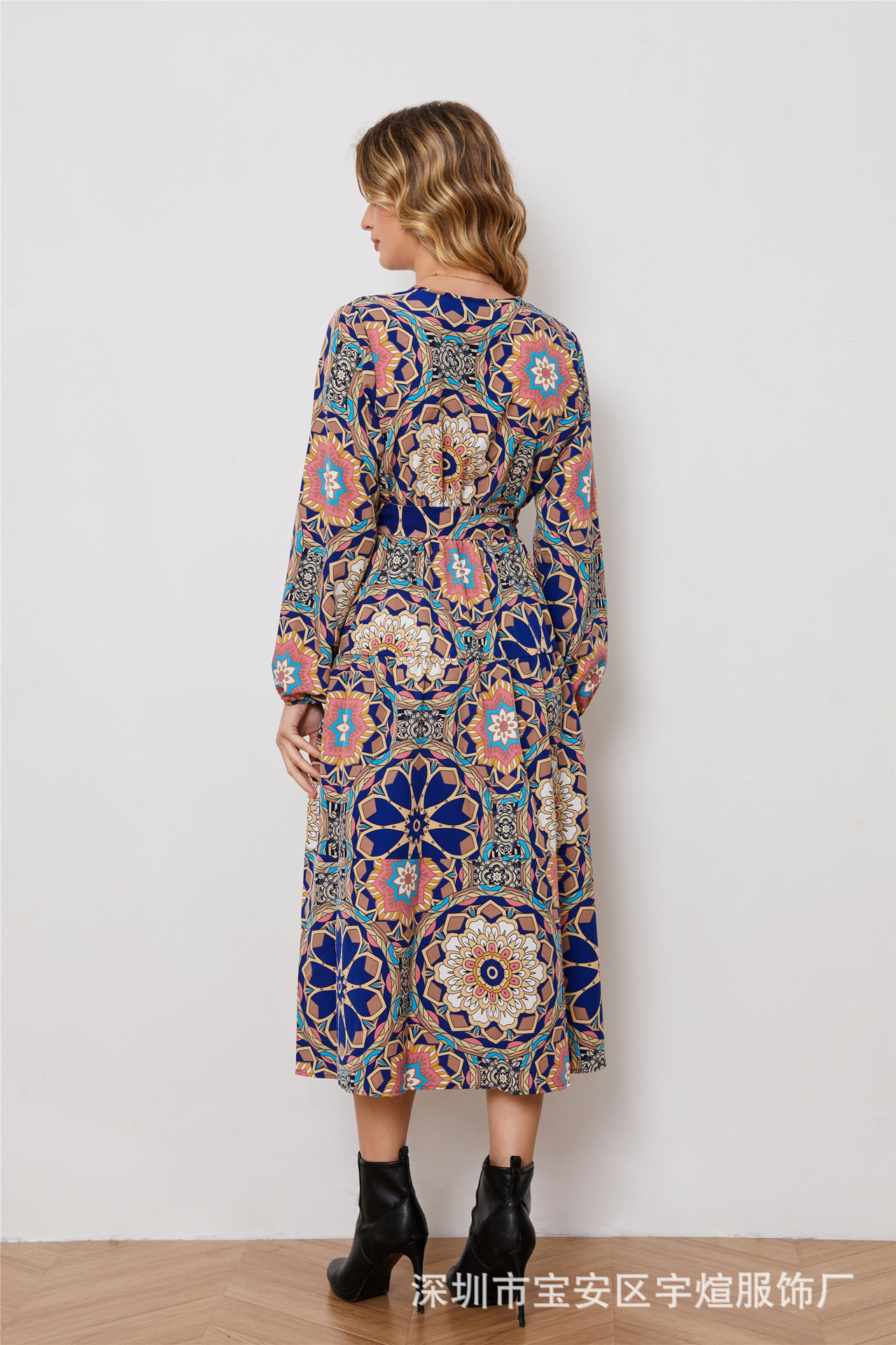 Floral Print Long Sleeve V-Neck A-Line Midi Dress with Belt