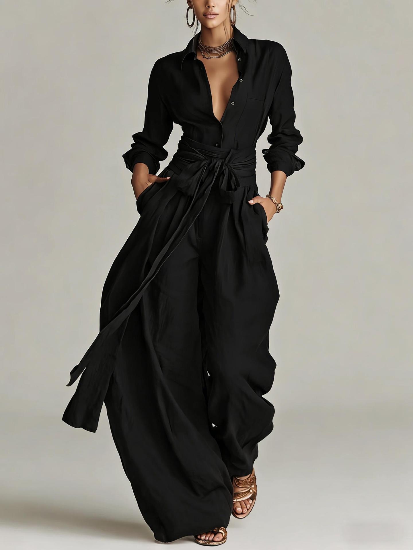 Solid Color High-Waist Tie-Waist Wide-Leg Jumpsuit