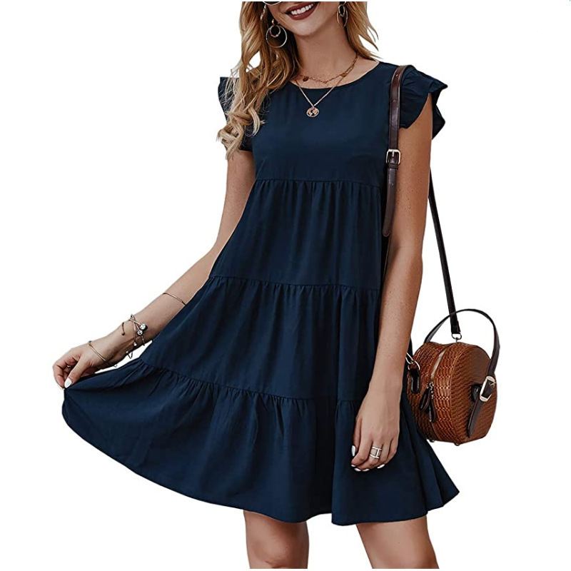 Women's Solid Crewneck Short Sleeve Tiered Ruffle Midi Dress