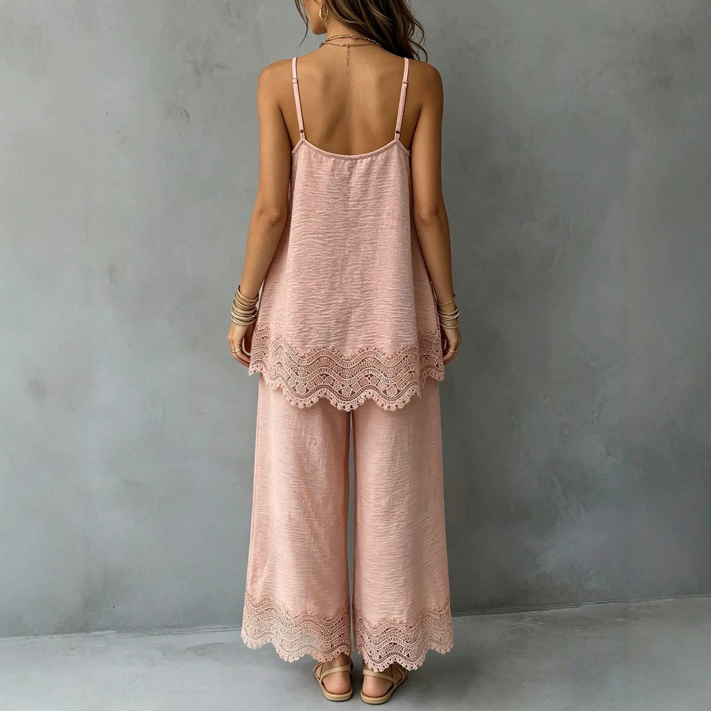 Women's Sleeveless Lace Tank Top and Pants Two-Piece Set Solid Color Casual