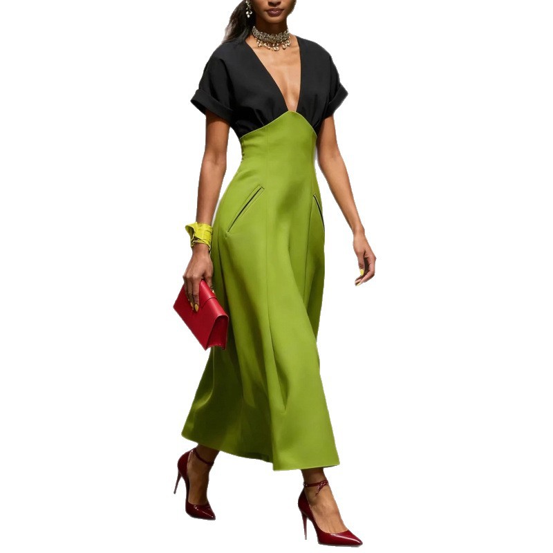 Color-Block Short-Sleeve V-Neck Midi Dress