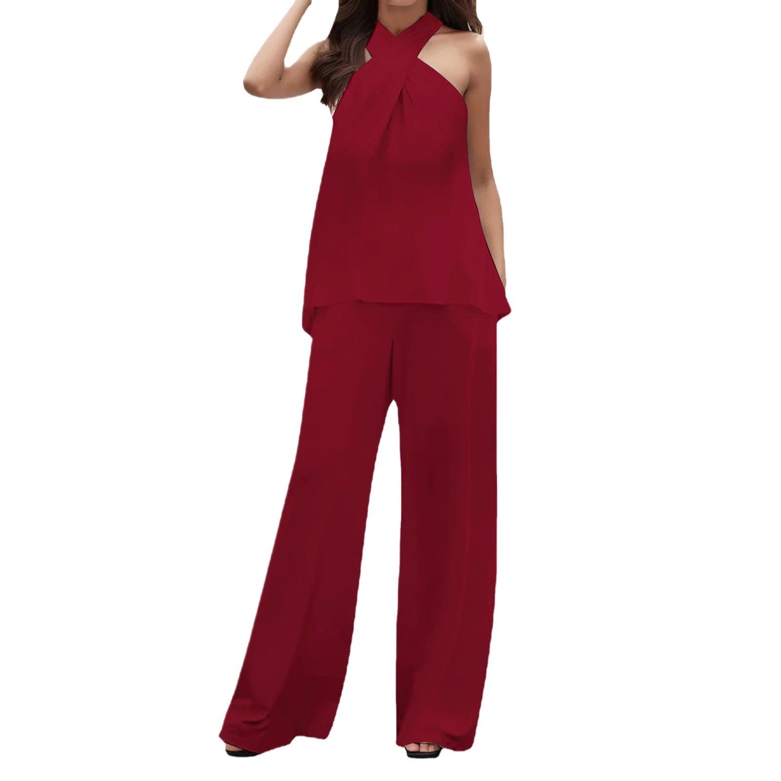 Women's Solid Color Halter V-Neck Sleeveless Top and Wide-Leg Pants Set
