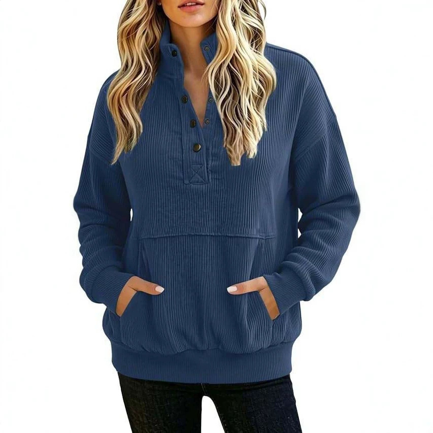 Solid Color Button-Front Long-Sleeve Hoodie with Pockets