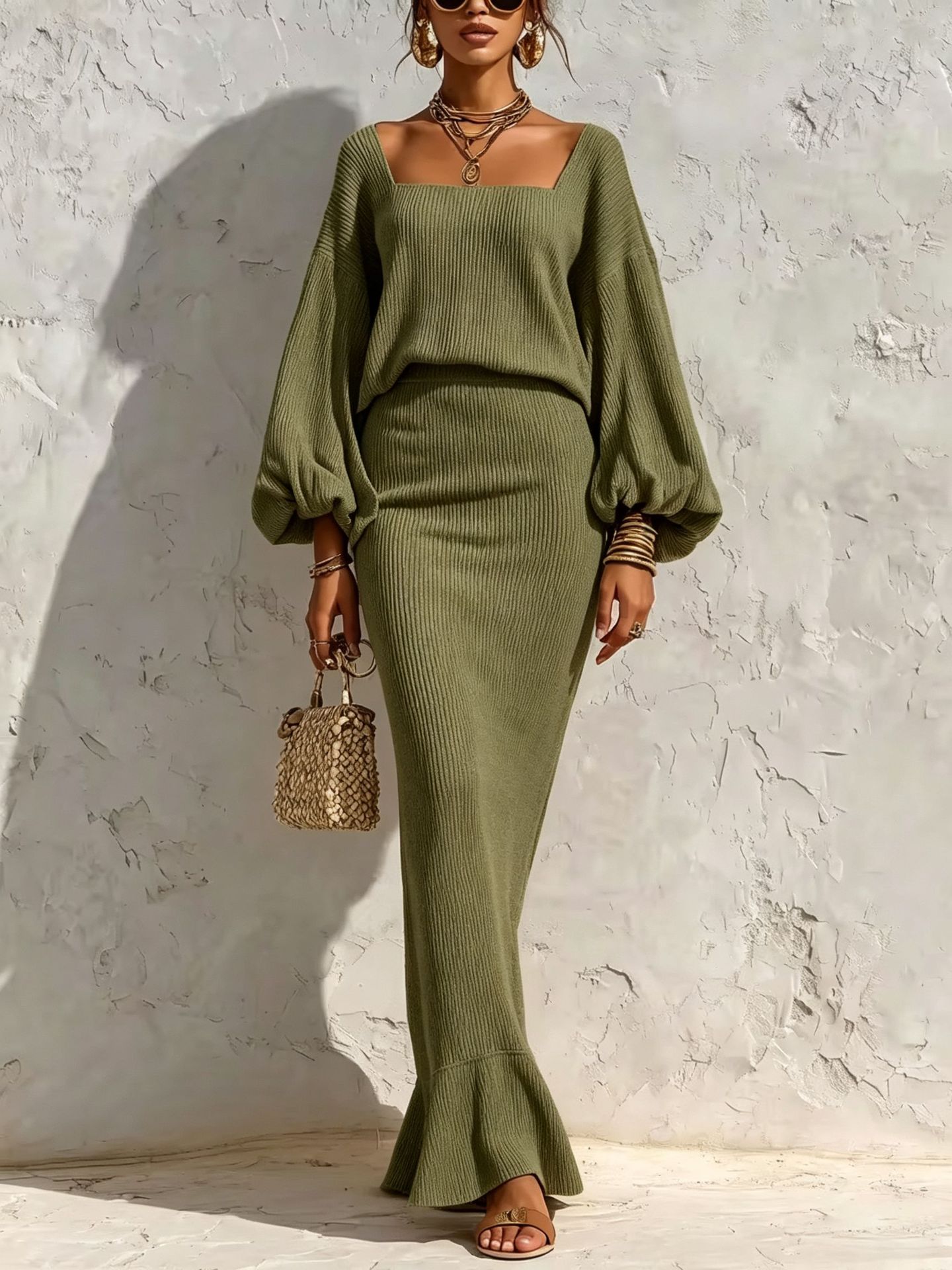 Square Neck Lantern Sleeve Ribbed Knit Two-Piece Set with Mermaid Midi Skirt