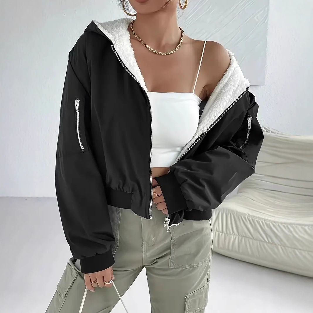 Elegant Loose Fleece Zip-Up Hooded Jacket with Pockets