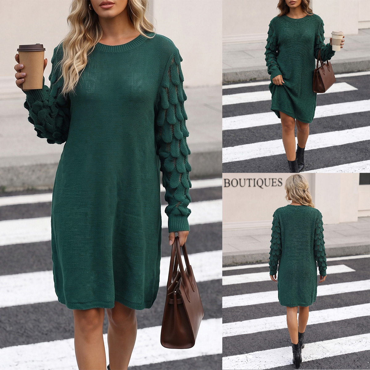 Women's Loose Fit Solid Color Round Neck Knit Sweater Dress with 3D Jacquard Sleeves