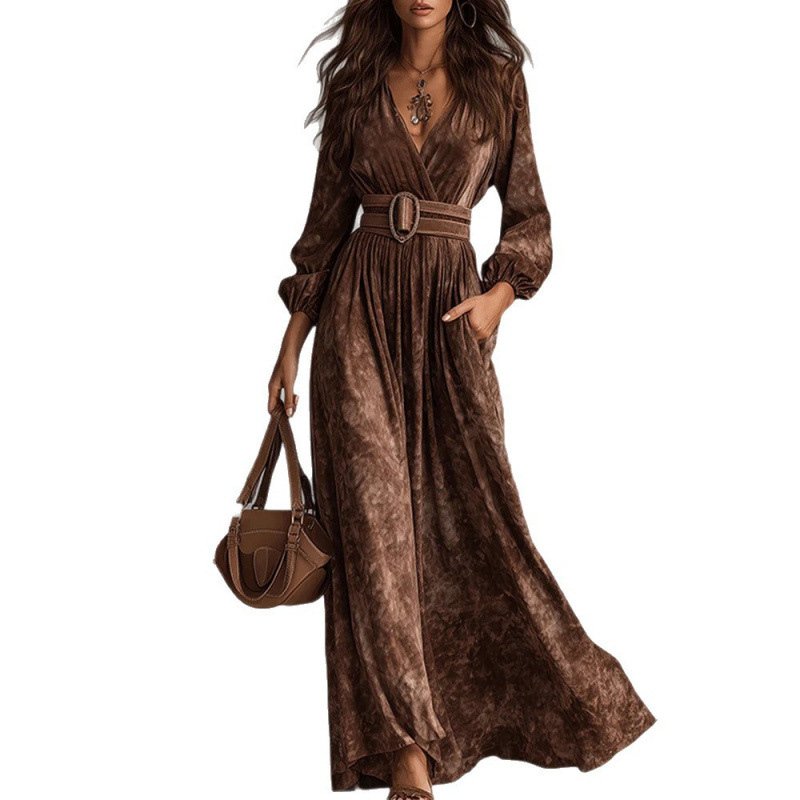 Women's V-Neck Long Sleeve Faux Suede A-Line Maxi Dress
