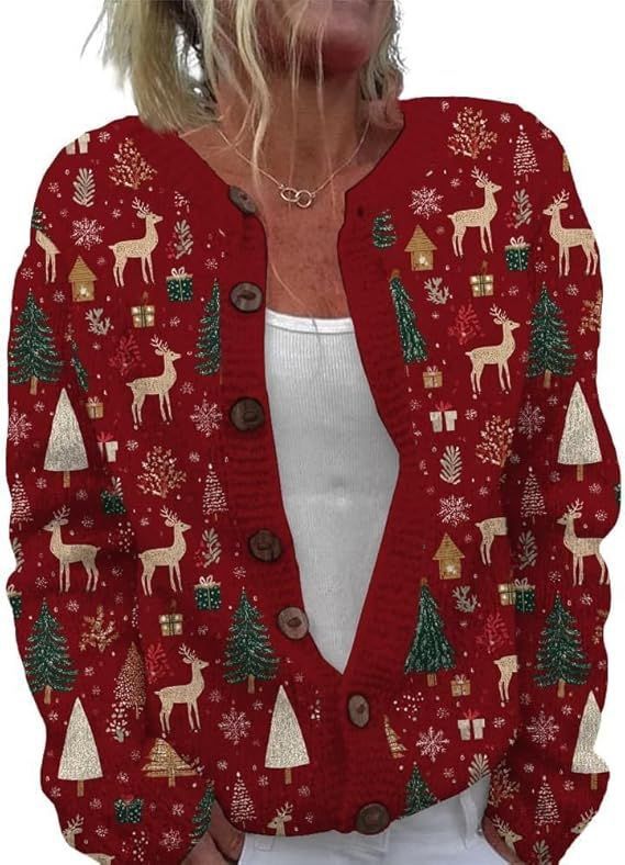 Women's Heart Print Button Cardigan Sweater