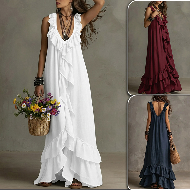 French Vintage Sleeveless Ruffle V-Neck Dress