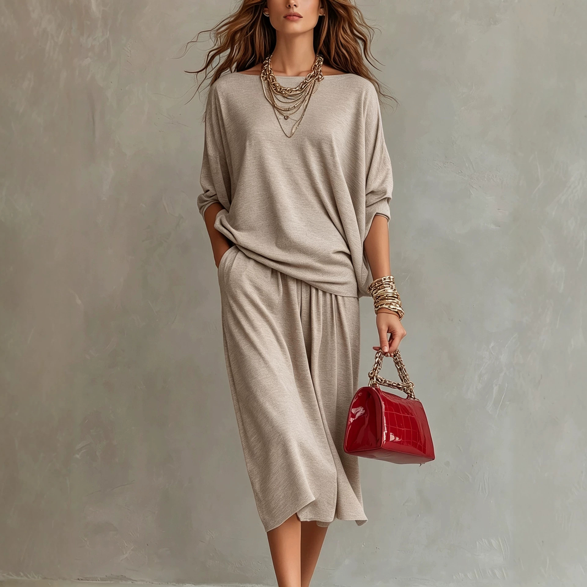 Off-Shoulder Knit Top & Midi Skirt Set Casual Loungewear