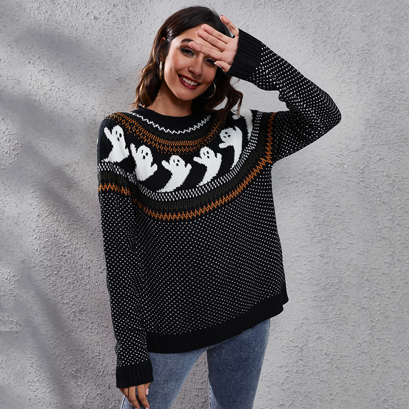 Halloween Ghost Polka Dot Long Sleeve Knit Sweater Women Loose Fit