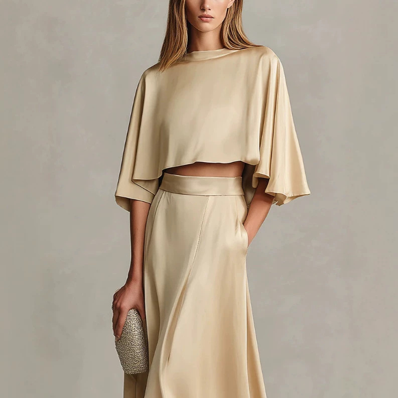 Women's Satin Cape-Sleeve Long Dress Set Elegant Luxury Style