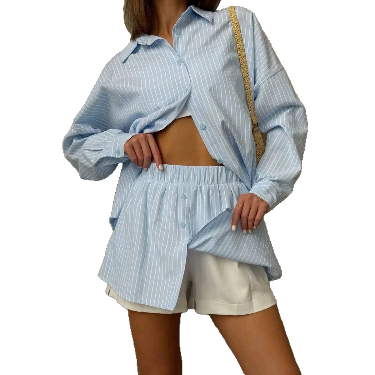 Striped Long Sleeve Shirt and High-Waist Shorts Two-Piece Set