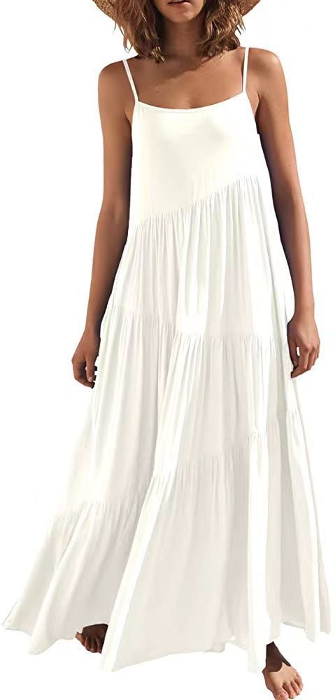 Women's Summer Loose Solid Pleated Sleeveless Halter Long Dress