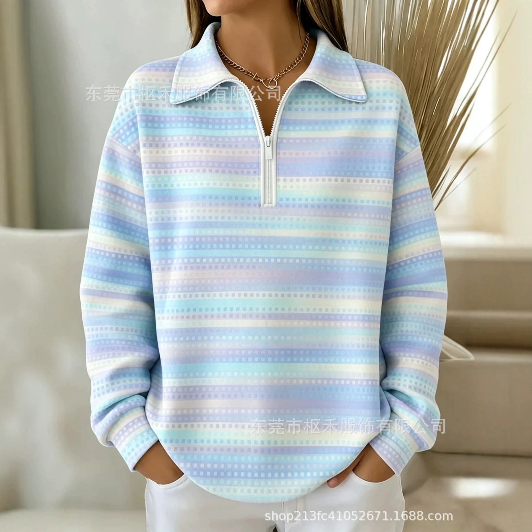 Striped Marker Print Half-Zip Hoodie with Collar