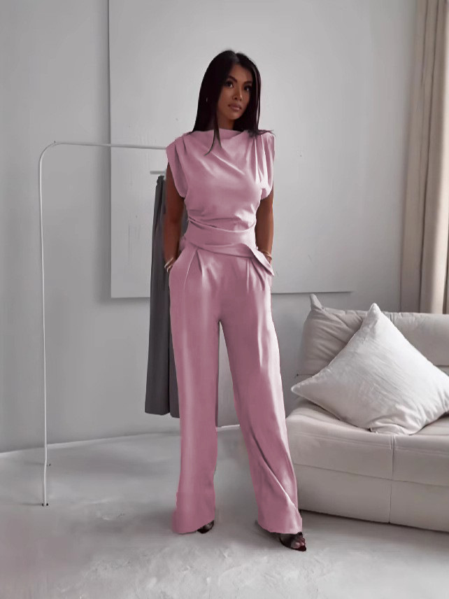 Casual Solid Color Two-Piece Pants Set Long Sleeve Polyester