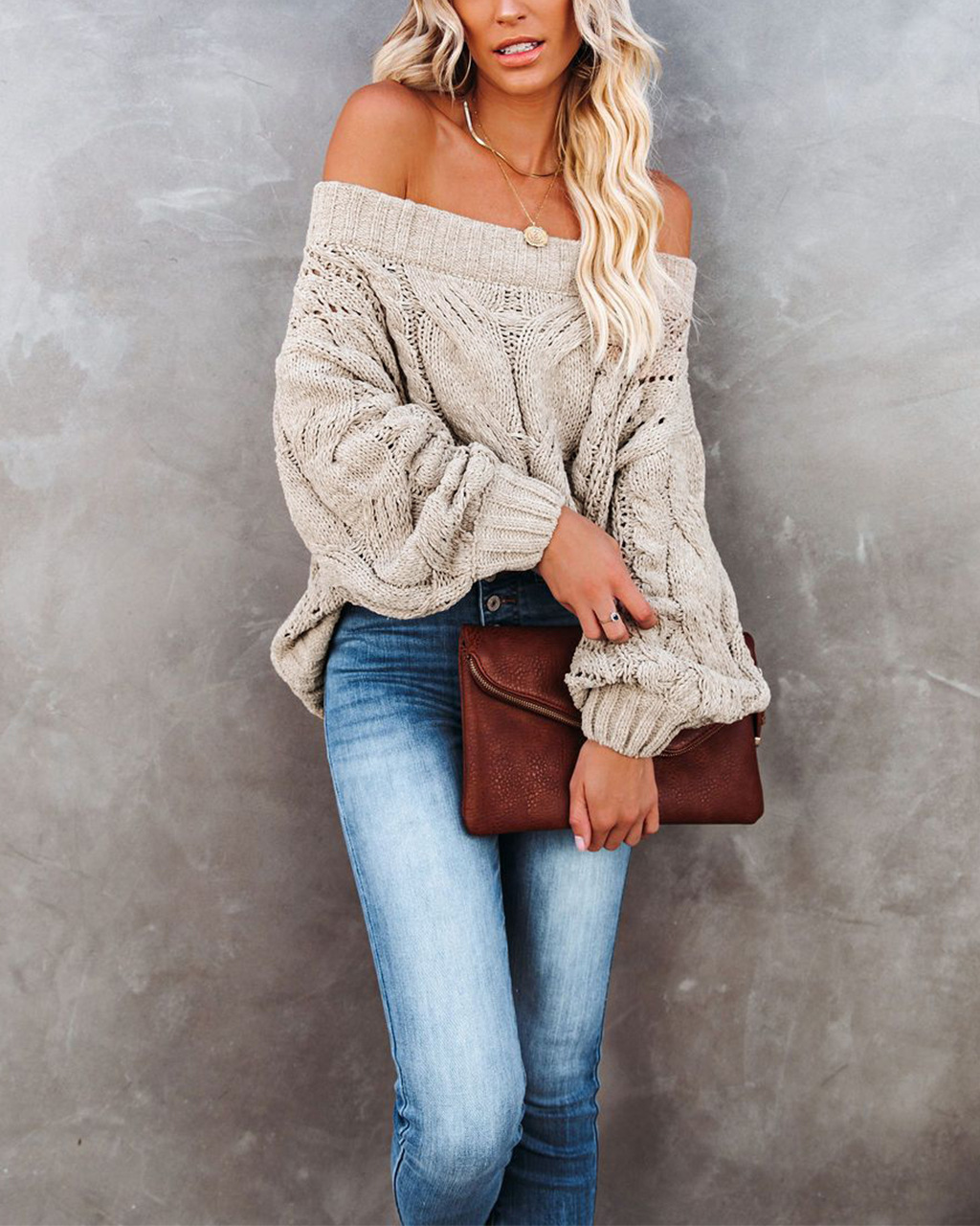 Off-Shoulder Loose Knit Pullover Sweater Solid Color