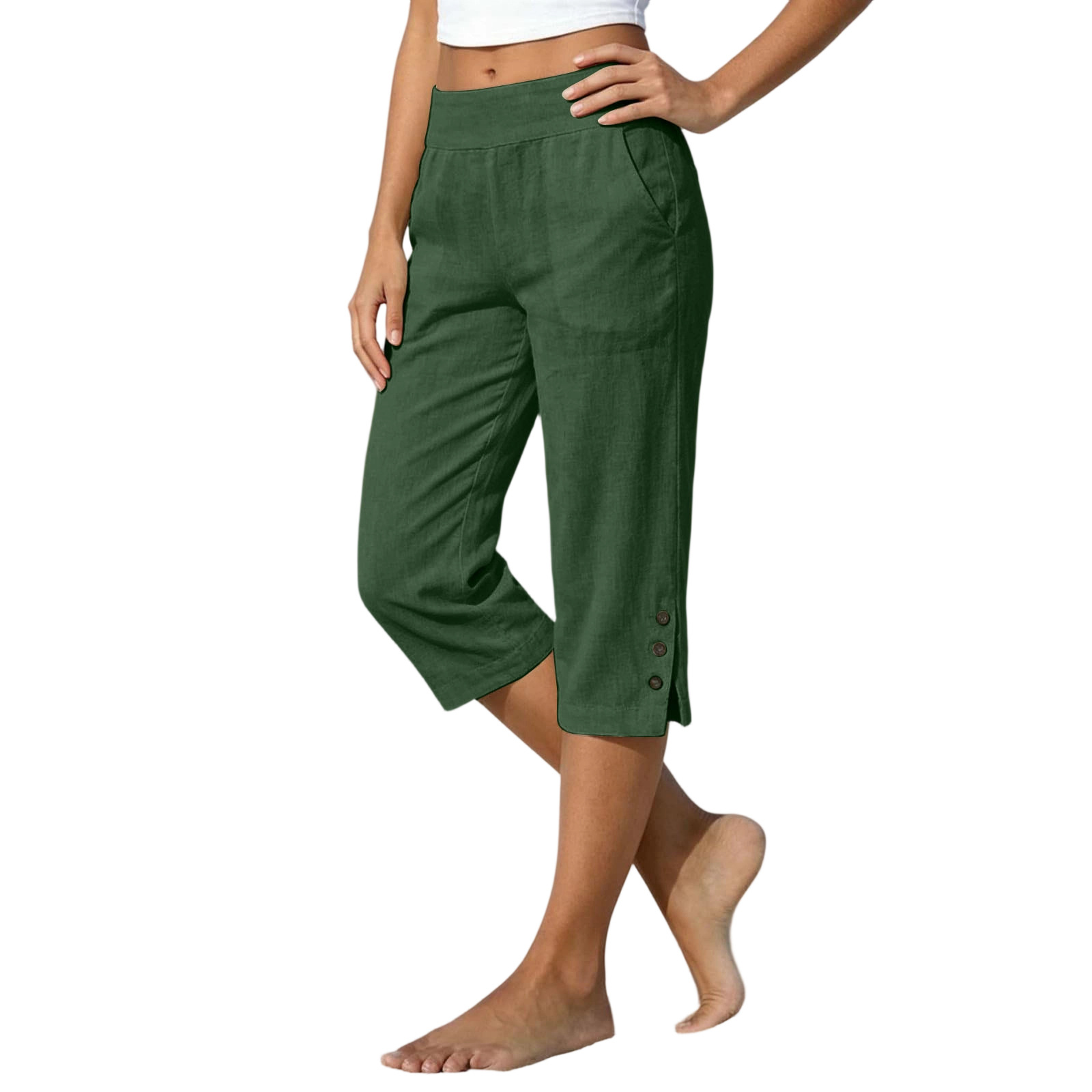 2026 Summer Women's Cotton-Linen Capri Pants High Waist Loose Straight Leg Slit Button Casual Pants Cross-Border Women's