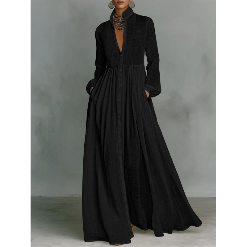 Textured Stand Collar Long Shirt Dress with Lantern Sleeves and Pockets