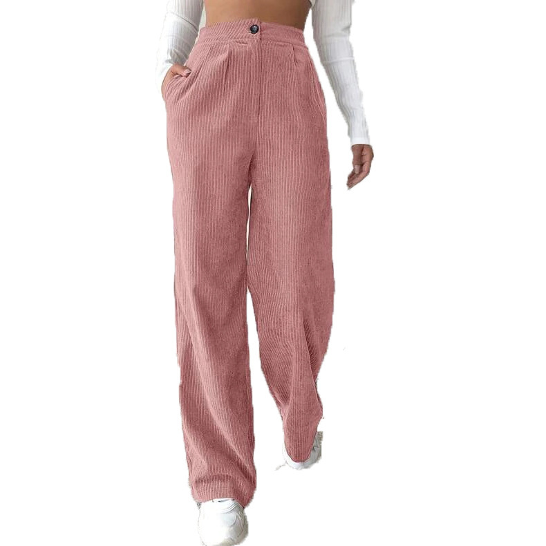 Women's High-Waist Corduroy Straight-Leg Pants Solid Color Casual Trousers